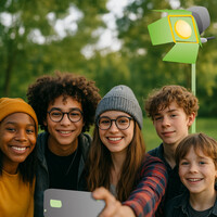 Gruppe Jugendlicher interagiert mit dem Smartphone während eines Medien-Projekttages