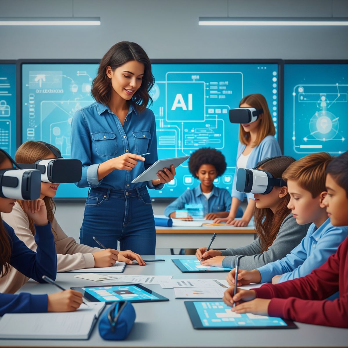 KI generiertes Bild eines Klassenraums mit Schülern die VR Brillen tragen