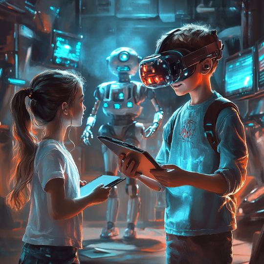 Mädchen und Junge stehen sich in einer futuristischen Welt mit Tablets gegenüber.