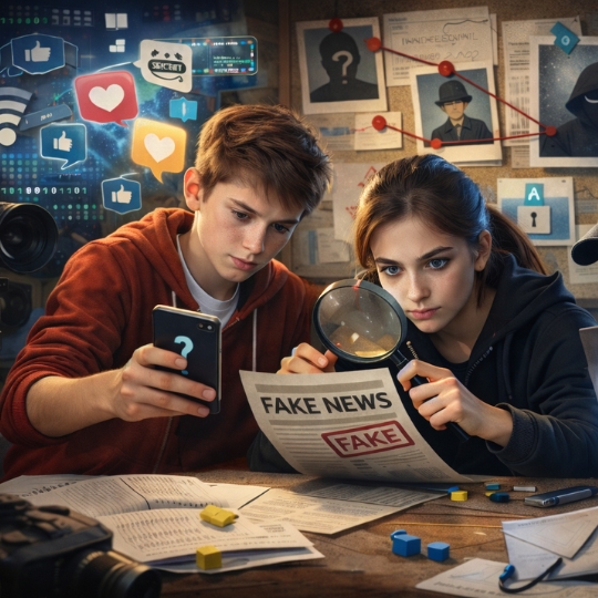 Zwei Jugendliche untersuchen Fake News in einem medienkritischen Schulprojekt