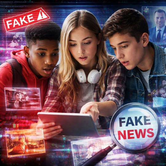 Drei Jugendliche analysieren Fake News und Desinformation auf einem Tablet