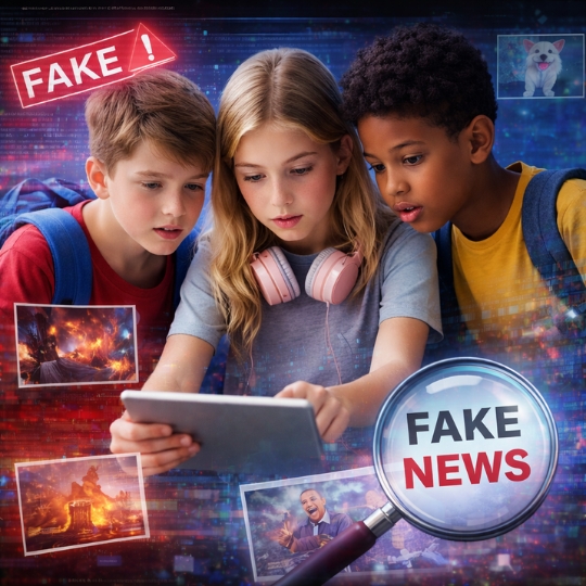 Drei Kinder prüfen Fake News auf einem Tablet im Projekt Fake Agents