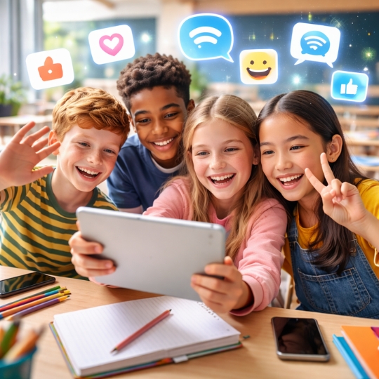 Kinder arbeiten im Klassenraum am Tablet beim Schulprojekt Netzfreunde
