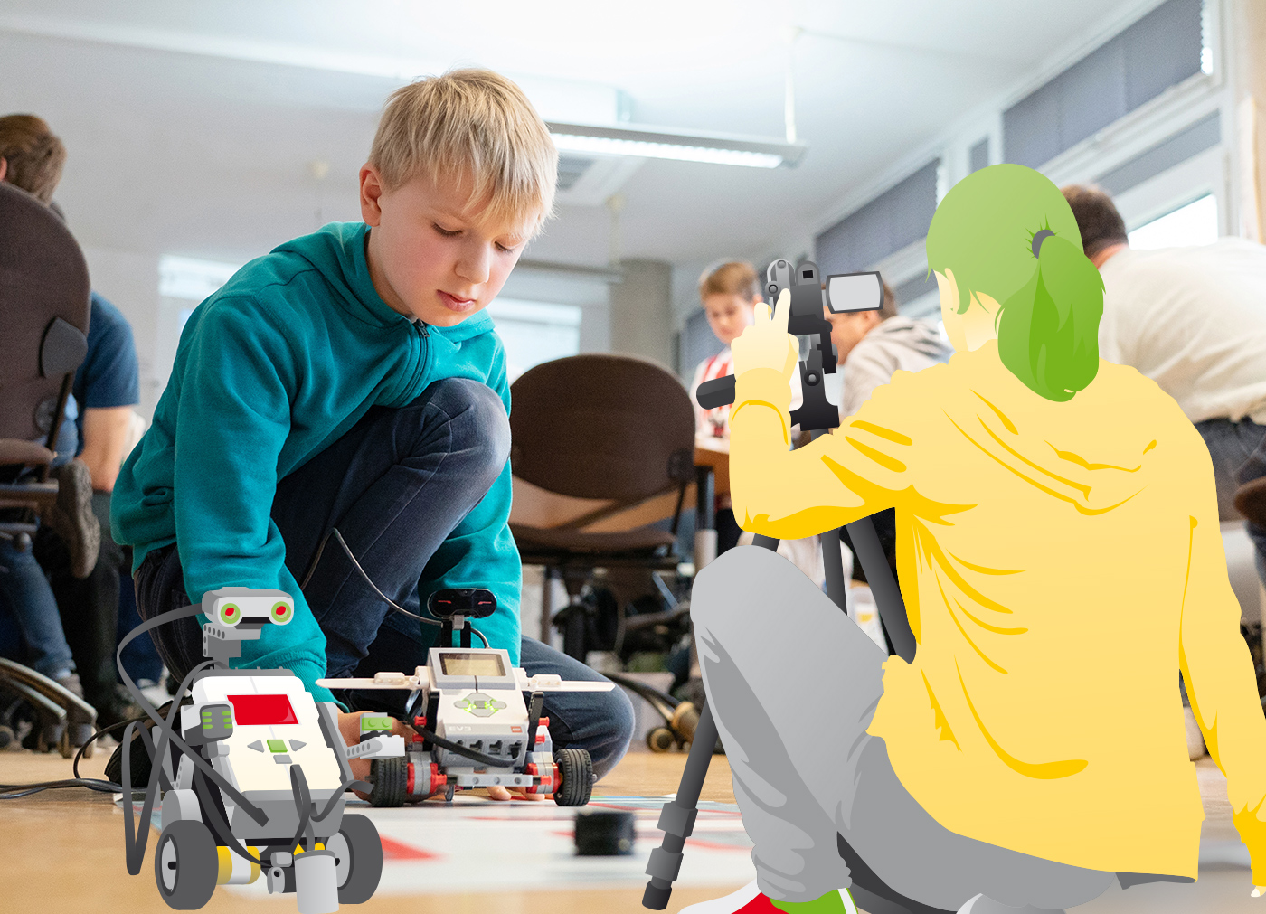 Kind programmiert einen Roboter im Ferienprogramm der Stiftung Jugend und Medien