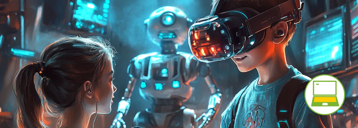 Zwei Kinder stehen sich in einer futuristischen Welt mit Tablets gegenüber. Im Hintergrund ist ein Roboter.