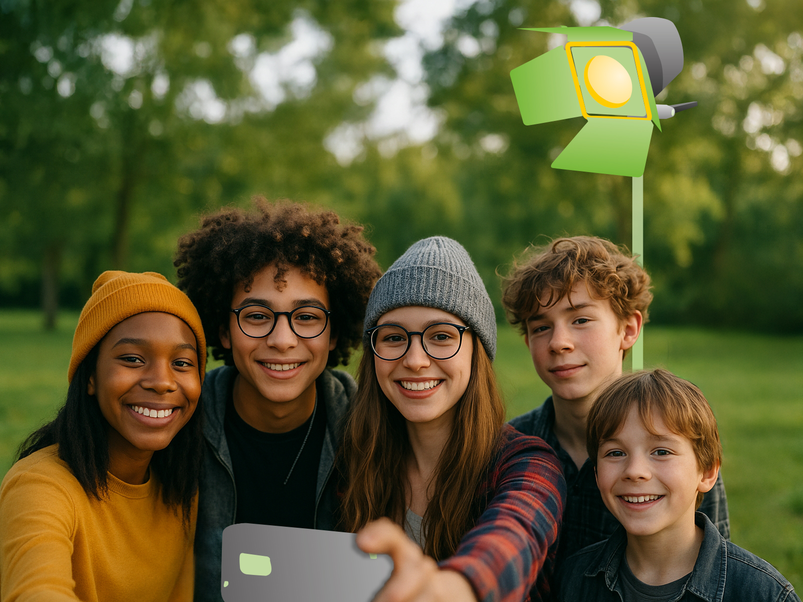 Kinder und Jugendliche arbeiten mit Tablet und Medientechnik bei einem Schulprojekt